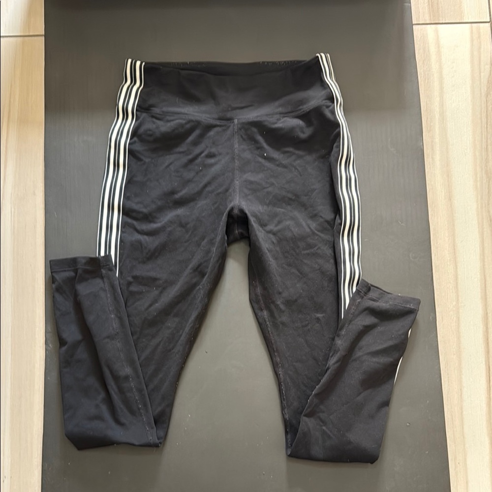 Athleta Cozy Black Leggings with White Stripes